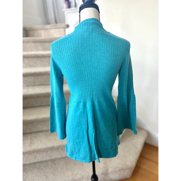 Tyler Boe Aqua Blue Bell Sleeve Peplum Ribbed Turtleneck Sweater - Picture 3 of 7